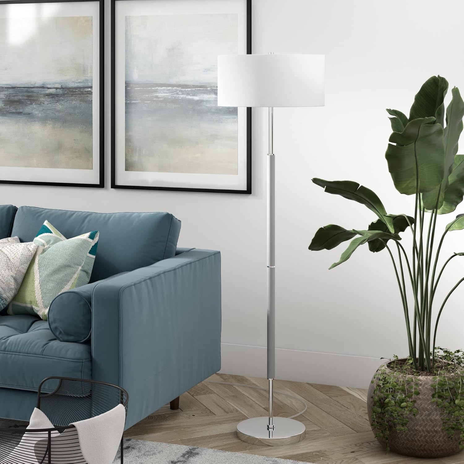 Modern Two-Light Floor Lamp with Rustic Wood Accent