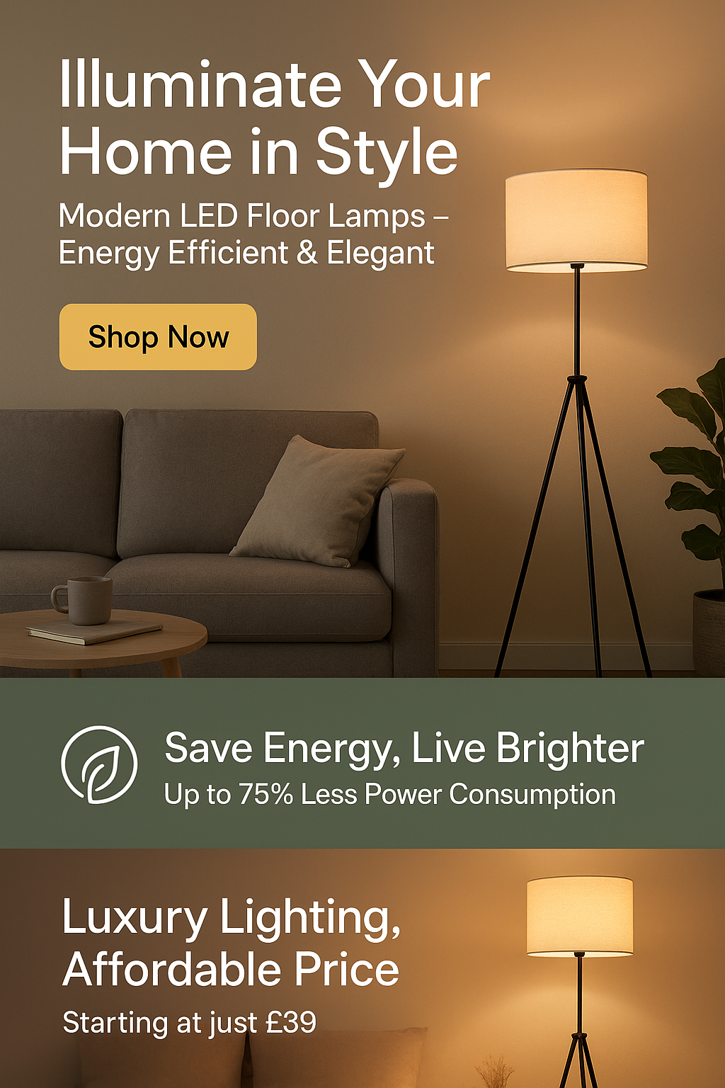 Modern Two-Light Floor Lamp with Rustic Wood Accent
