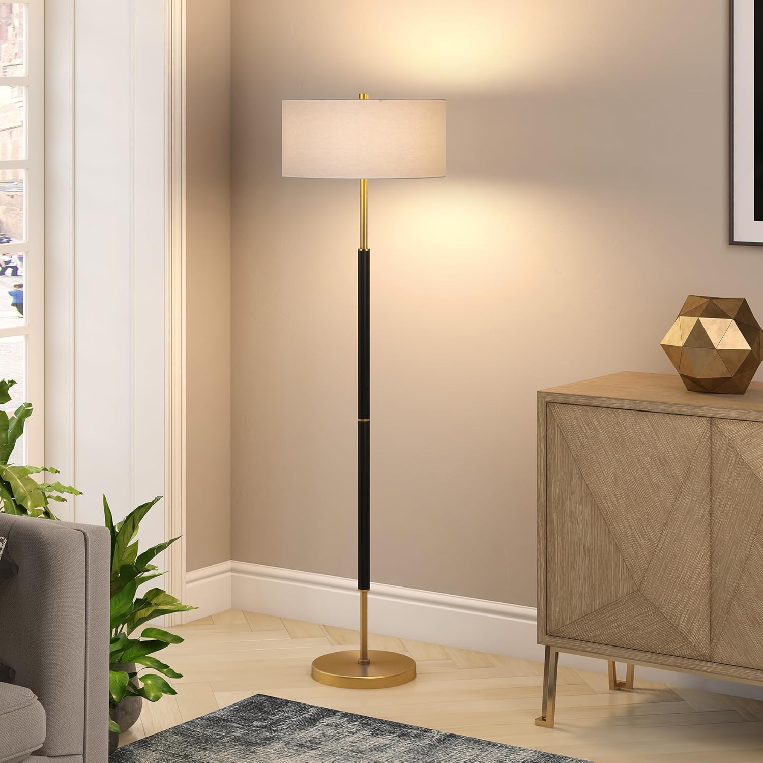 Modern Two-Light Floor Lamp with Rustic Wood Accent