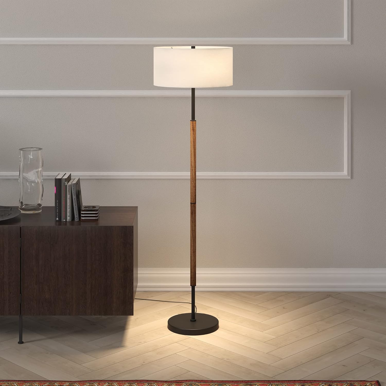 Modern Two-Light Floor Lamp with Rustic Wood Accent